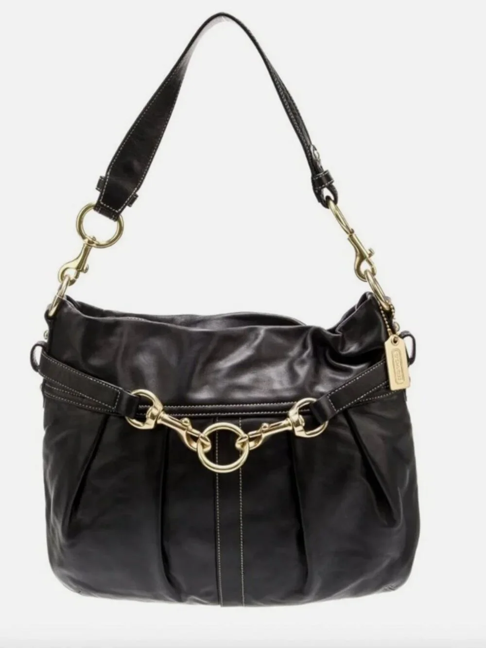 Vintage Coach Hampton Shoulder Bag Pleated Leather Black 8B15 Zipper Gold Charm